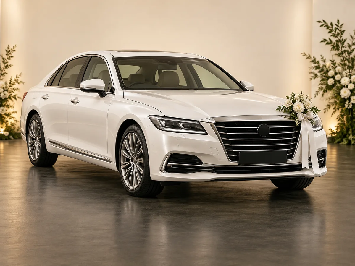 Illustrative white luxury wedding sedan